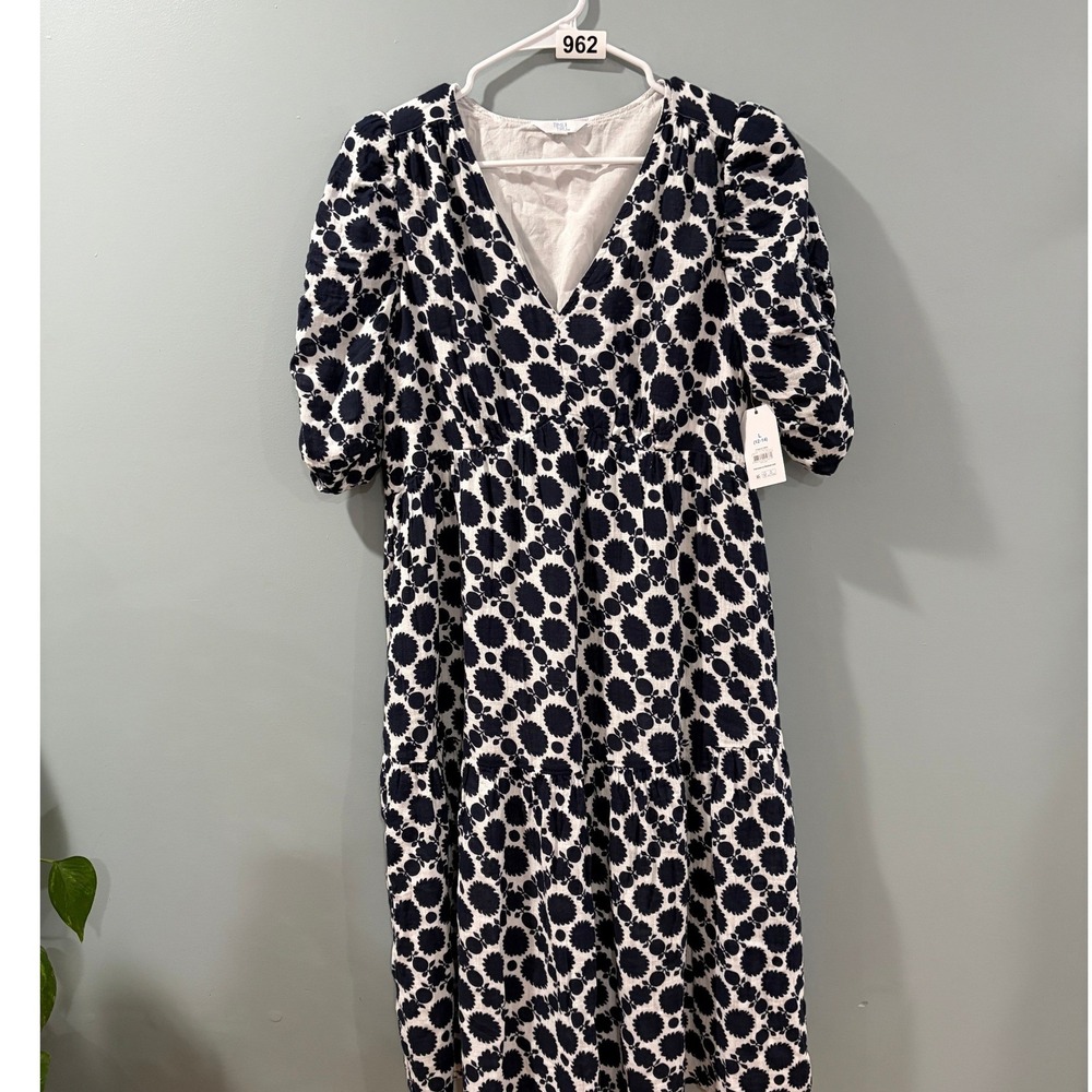 Time and Tru Navy White Floral V-Neck Tiered Cotton Midi Dress Large 12-14